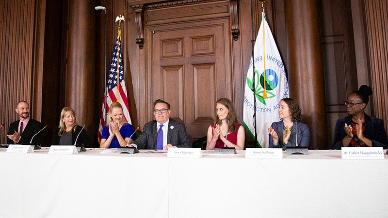 EPA Administrator Andrew Wheeler (center), Kristie Sullivan, MPH, Physicians Committee vice president of research policy (second from right), Esther Haugabrooks, PhD, Physicians Committee toxicologist (right)