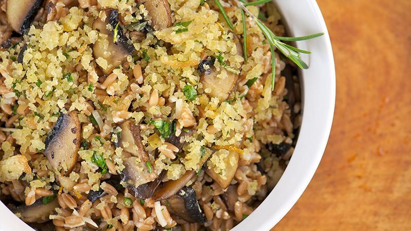 Farro With Miso Mushrooms, Kale, and Walnuts