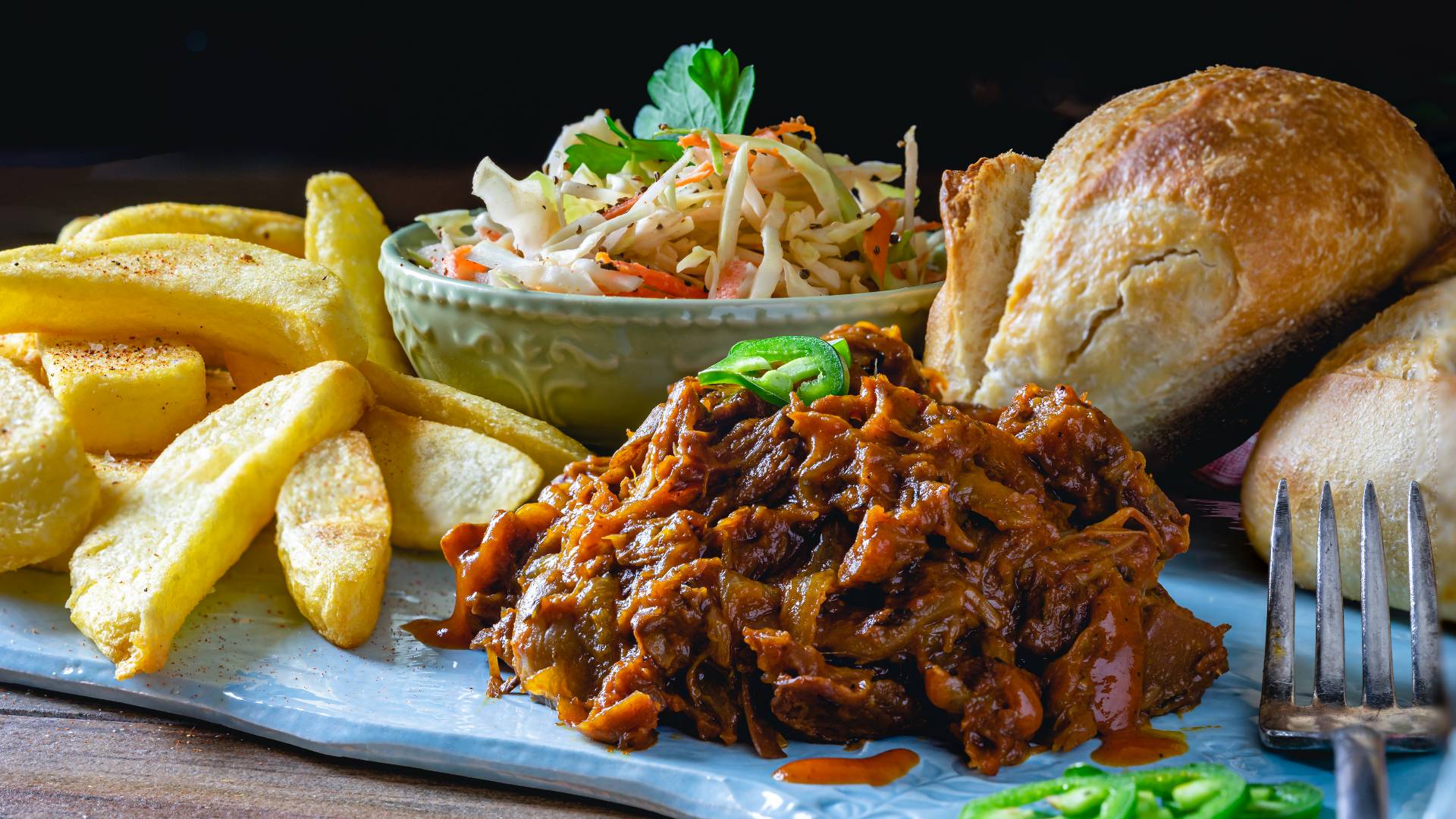 vegan barbecue with fries and coleslaw