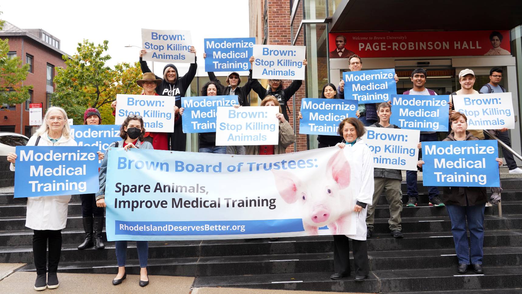 Doctors Coordinate Demonstration and Billboards to Urge Brown University Board of Trustees to Replace Animals in Deadly Medical Training