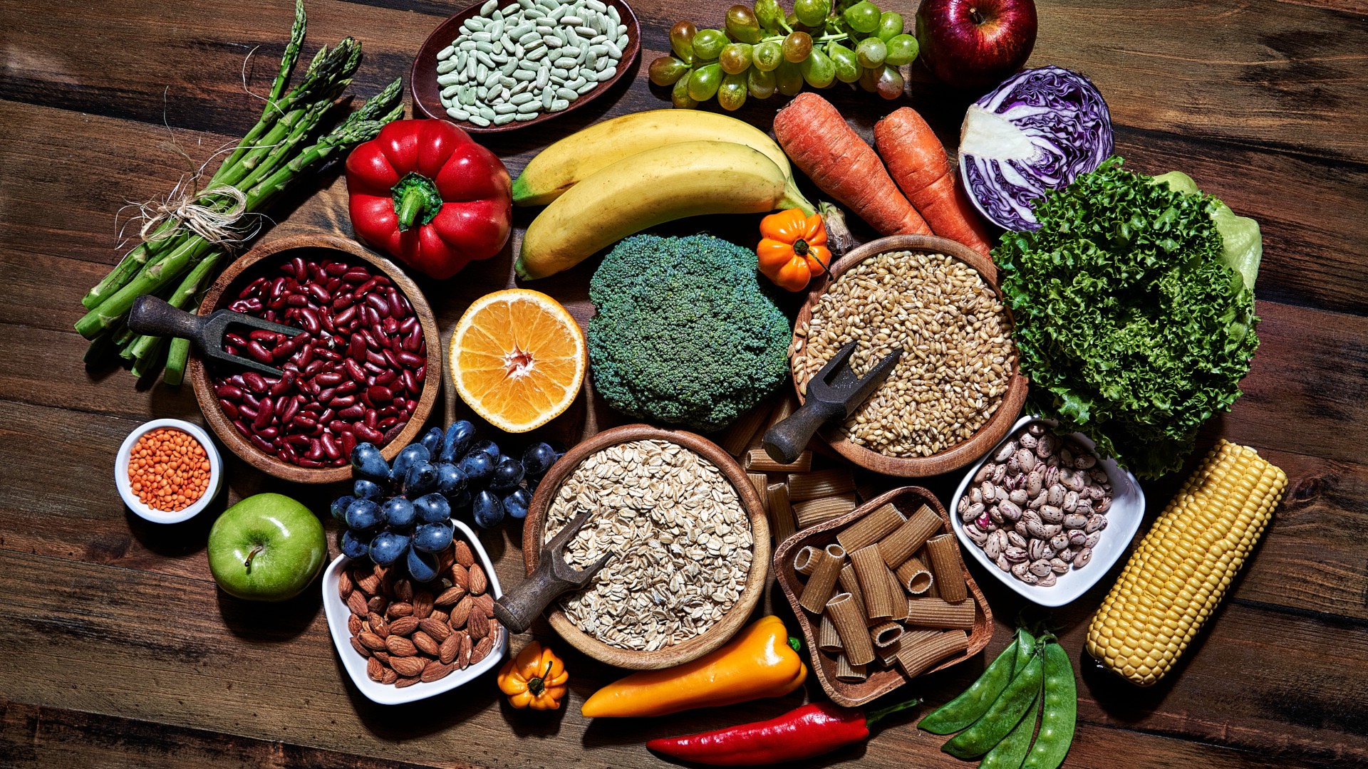 beans, fruits, vegetables, whole grains, and seeds