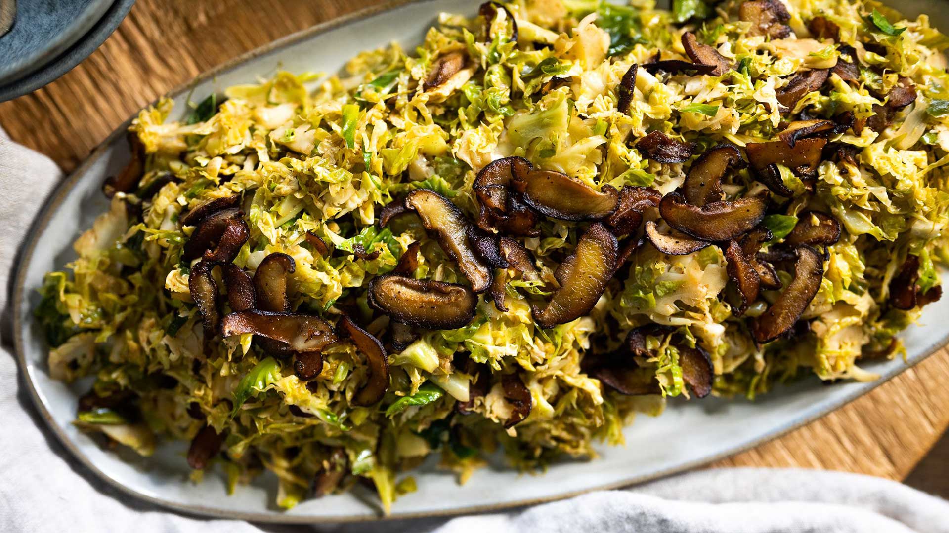 Smoky Brussels with Shiitake Bacon