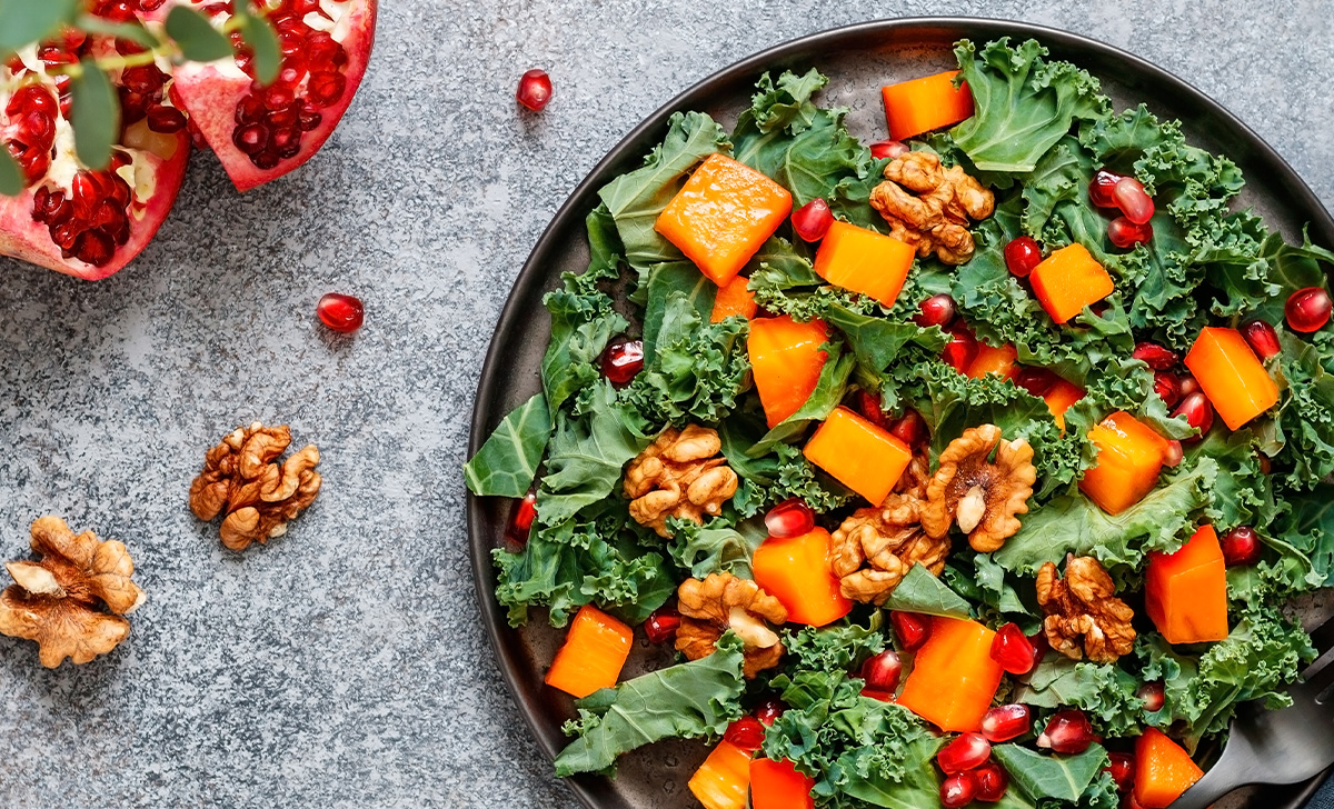Winter Holiday Salad With Kale, Persimmon, and Pomegranate