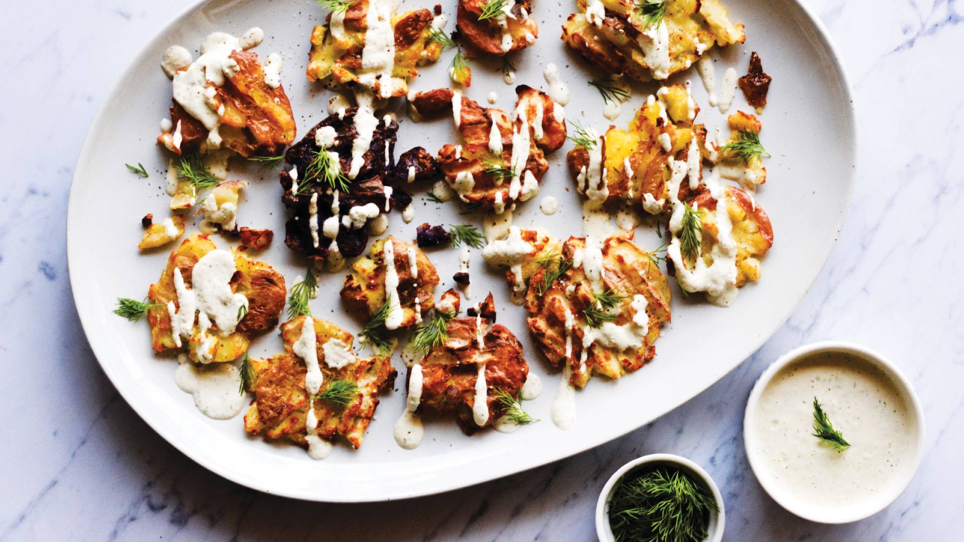 Crispy Smashed Potatoes With Sunflower Dill Cream