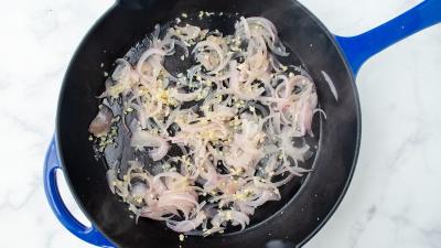 rainbow noodles - sliced onion, minced garlic, peeled and minced ginger